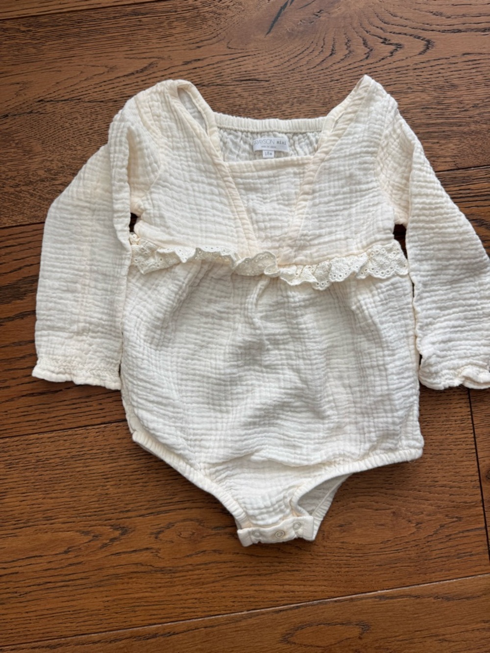 Greyson Cream Gauze Long-Sleeve One-Piece with Lace Ruffle